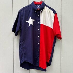 TEXAS COTTON—VTG Short-Sleeve Flag Shirt—Men M (15)—Made in TEXAS USA—Sewn Star